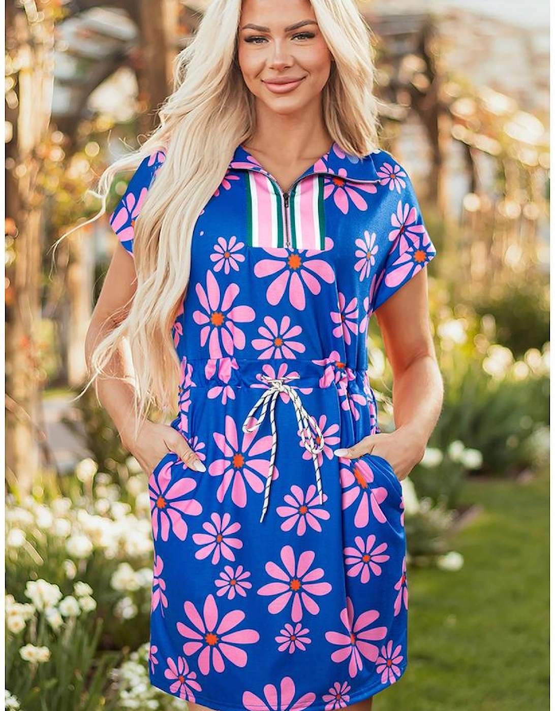 Purple Floral Striped Quarter Zip Cap Sleeve Drawstring Waist Mini Dress