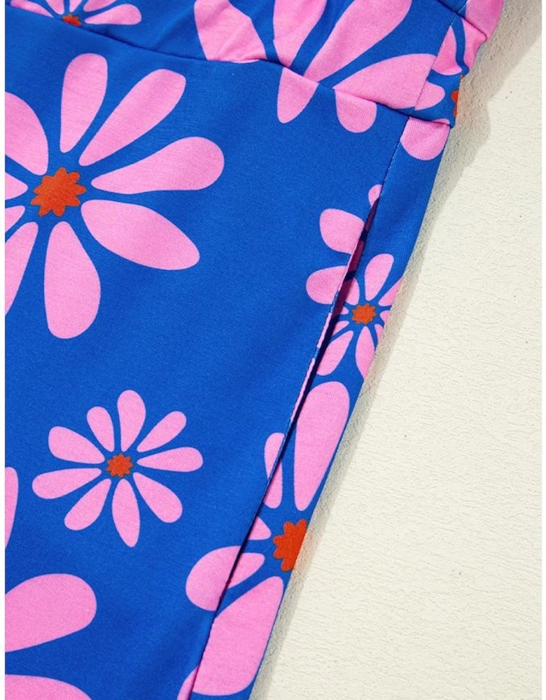 Purple Floral Striped Quarter Zip Cap Sleeve Drawstring Waist Mini Dress