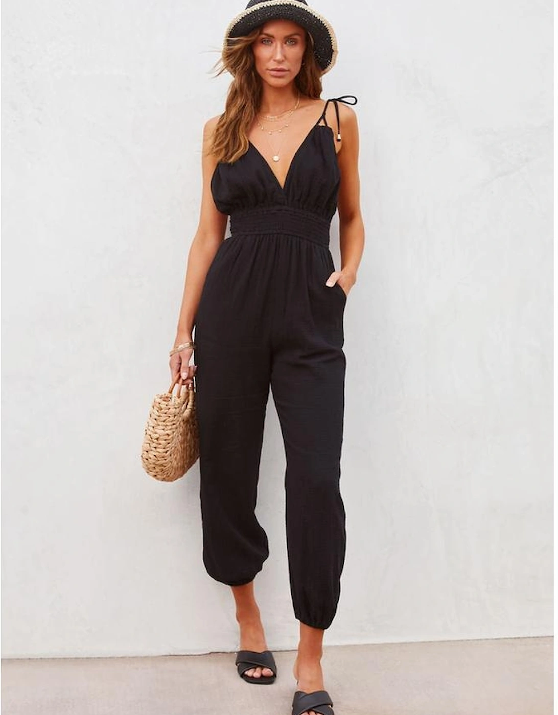 Azura Exchange V Neck Knotted Shoulder Backless Pocket Jumpsuit