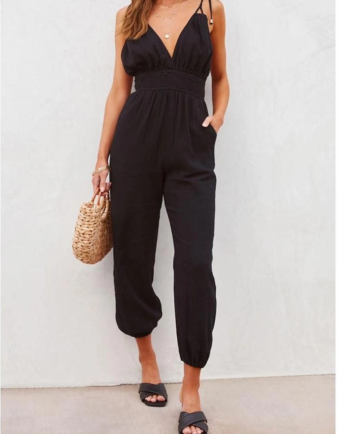 Azura Exchange V Neck Knotted Shoulder Backless Pocket Jumpsuit