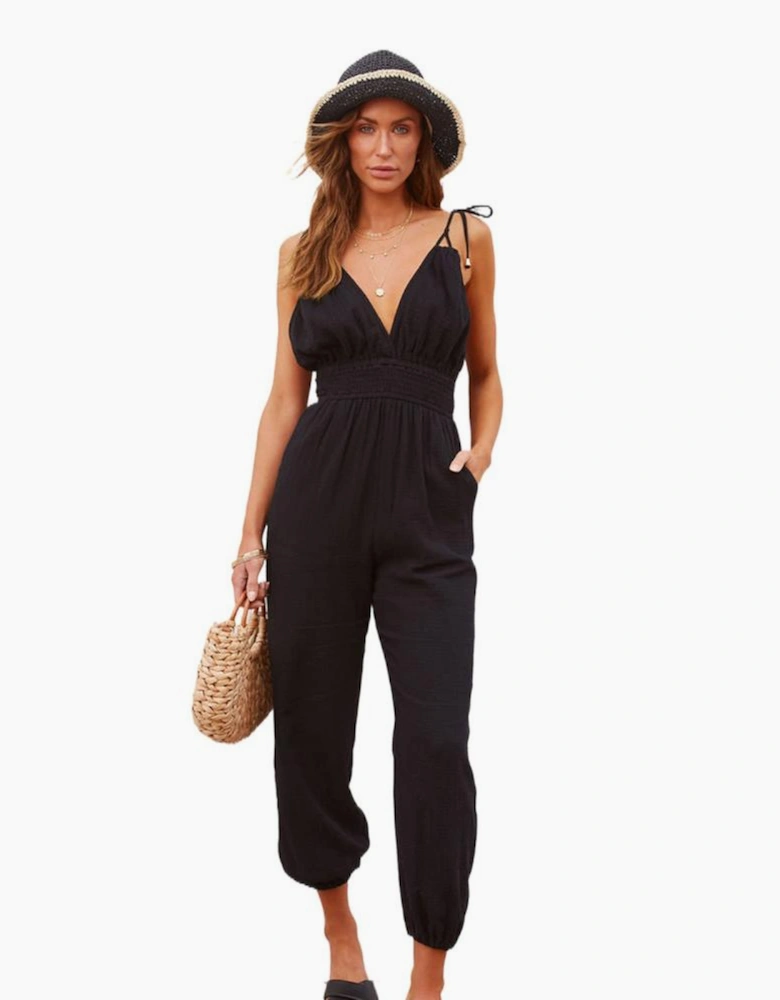 Azura Exchange V Neck Knotted Shoulder Backless Pocket Jumpsuit