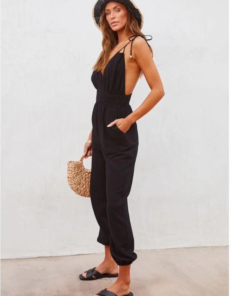 Azura Exchange V Neck Knotted Shoulder Backless Pocket Jumpsuit