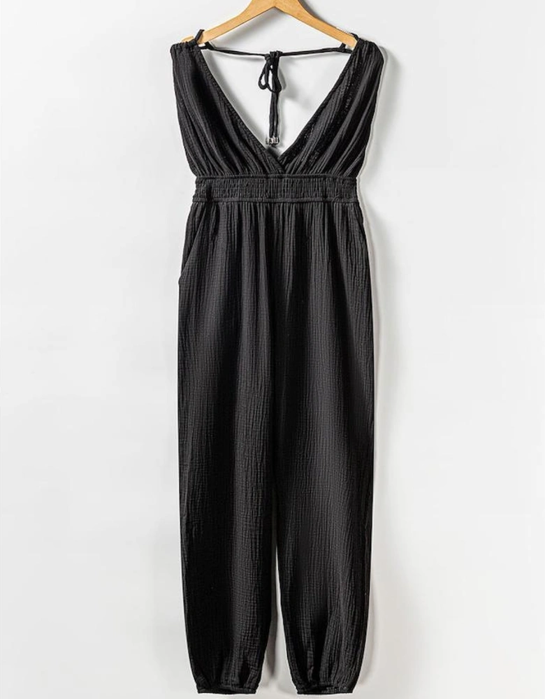 Azura Exchange V Neck Knotted Shoulder Backless Pocket Jumpsuit