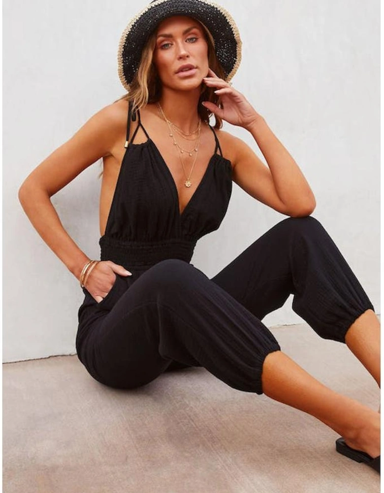 Azura Exchange V Neck Knotted Shoulder Backless Pocket Jumpsuit