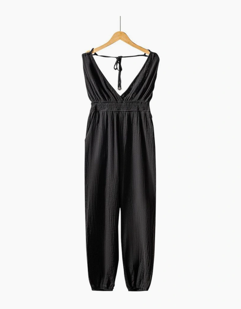 Azura Exchange V Neck Knotted Shoulder Backless Pocket Jumpsuit