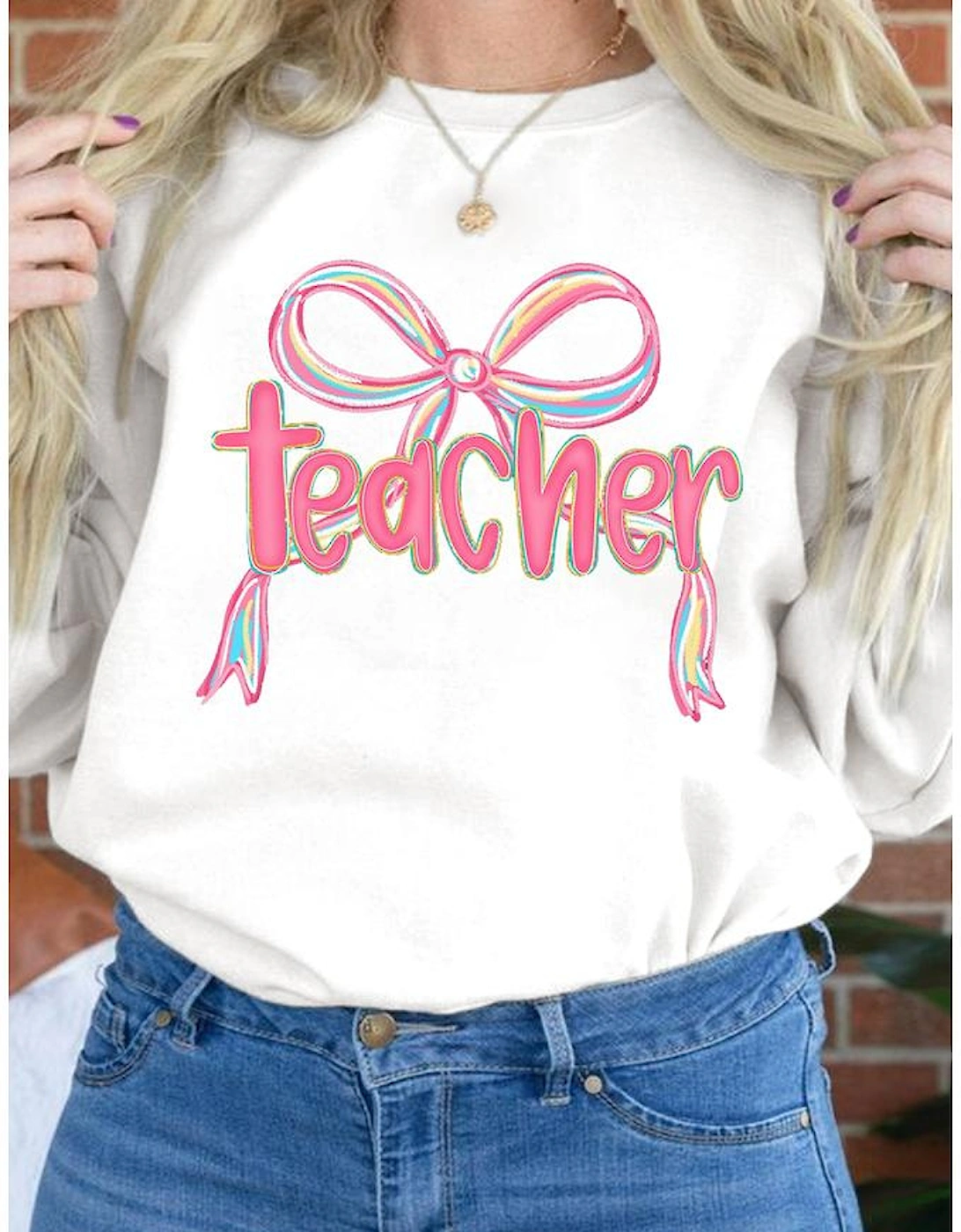 White Teacher Bow PNG Graphic Pullover Sweatshirt