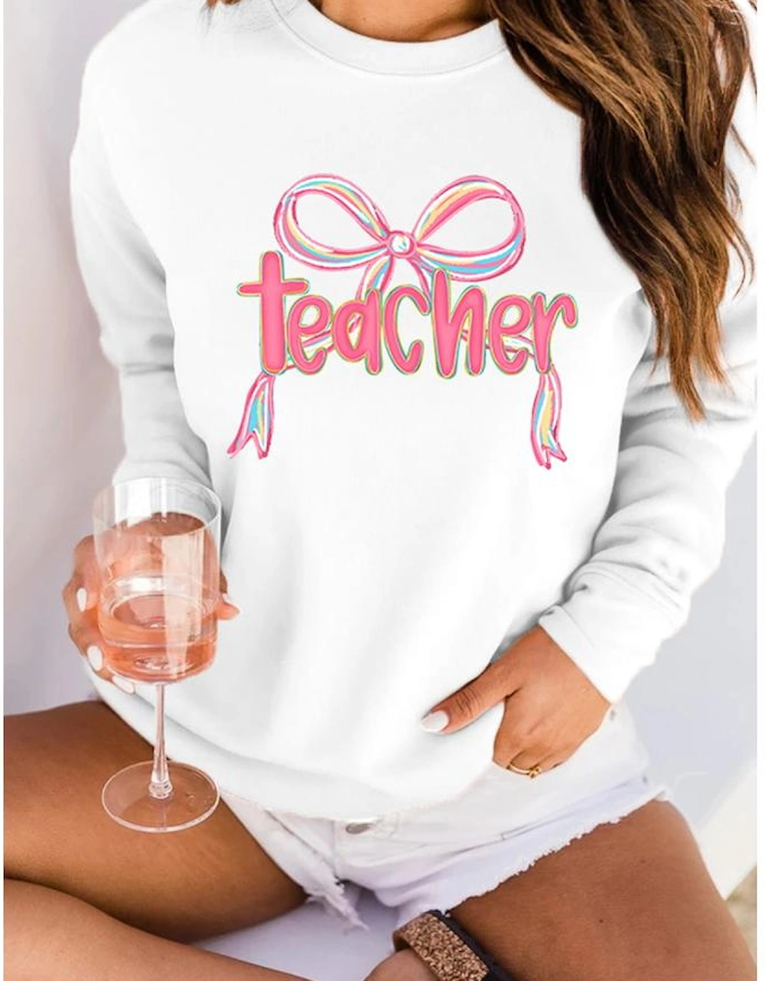 White Teacher Bow PNG Graphic Pullover Sweatshirt, 7 of 6