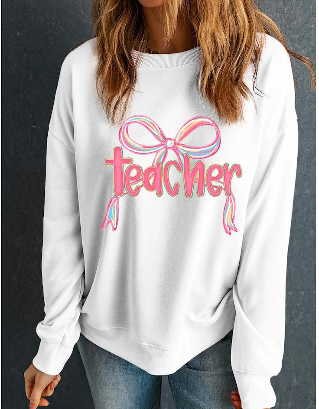 White Teacher Bow PNG Graphic Pullover Sweatshirt