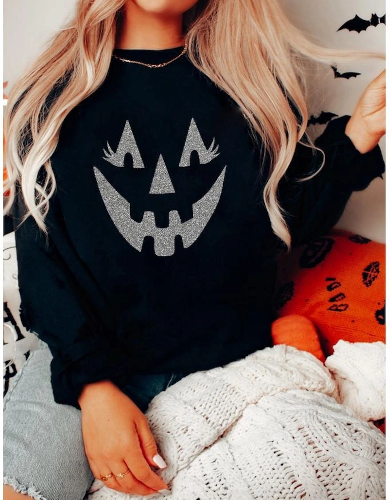 Black Spooky Face Printed Halloween Fashion Baggy Sweatshirt