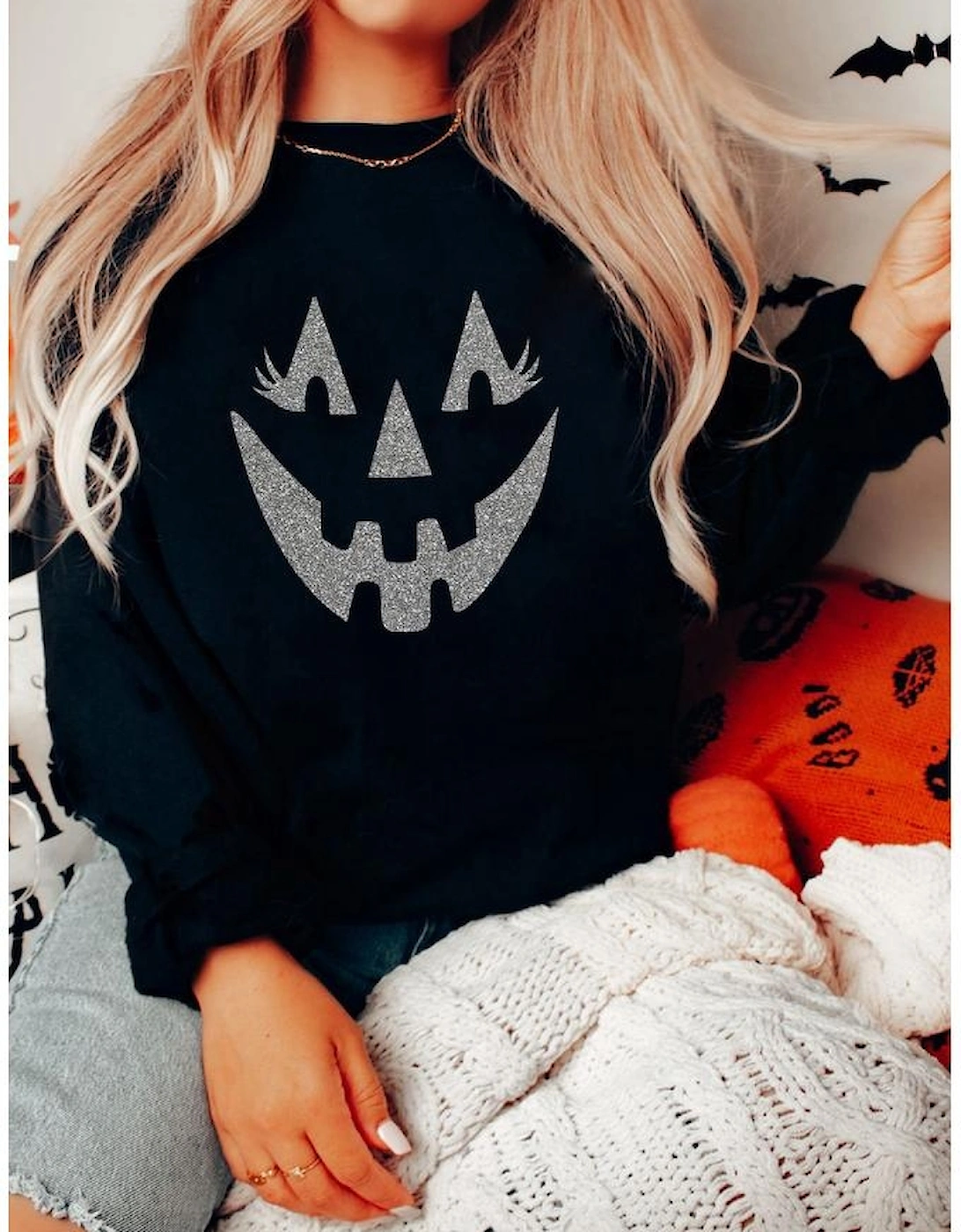Black Spooky Face Printed Halloween Fashion Baggy Sweatshirt
