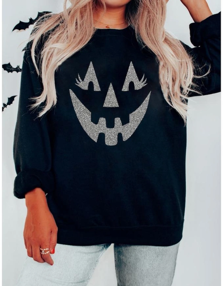 Black Spooky Face Printed Halloween Fashion Baggy Sweatshirt