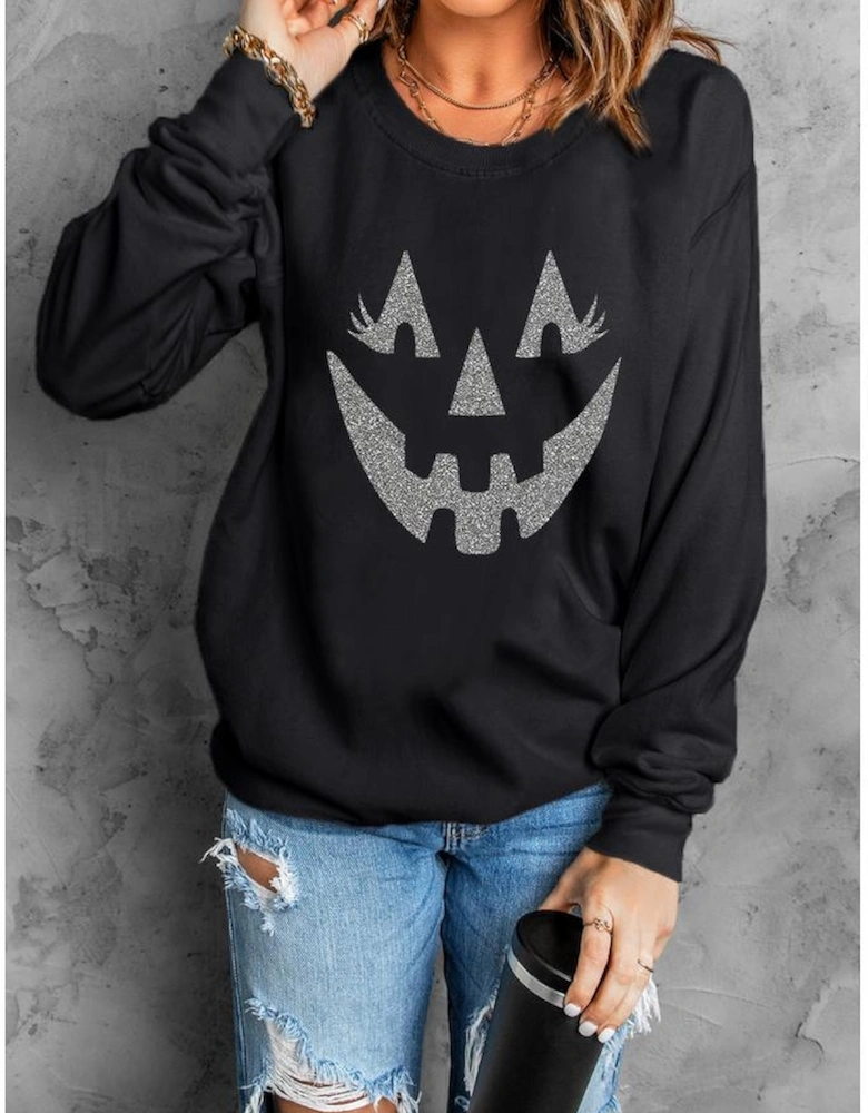 Black Spooky Face Printed Halloween Fashion Baggy Sweatshirt