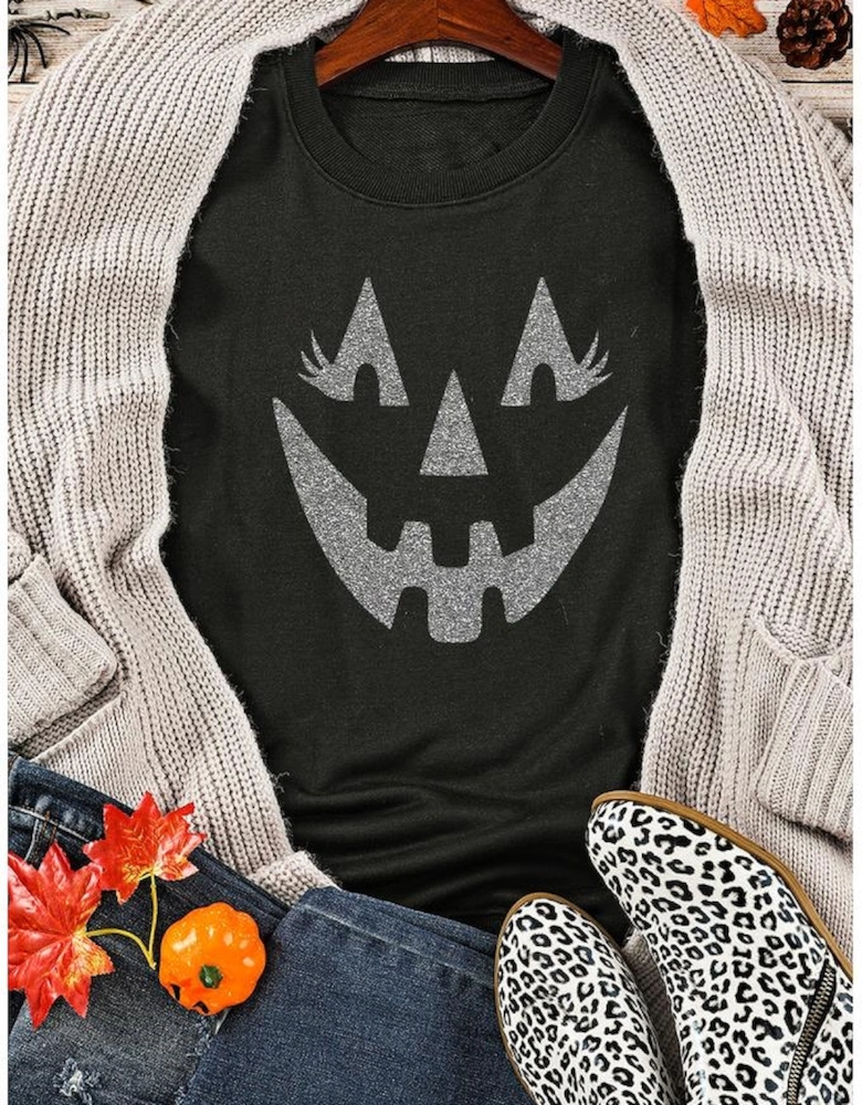 Black Spooky Face Printed Halloween Fashion Baggy Sweatshirt