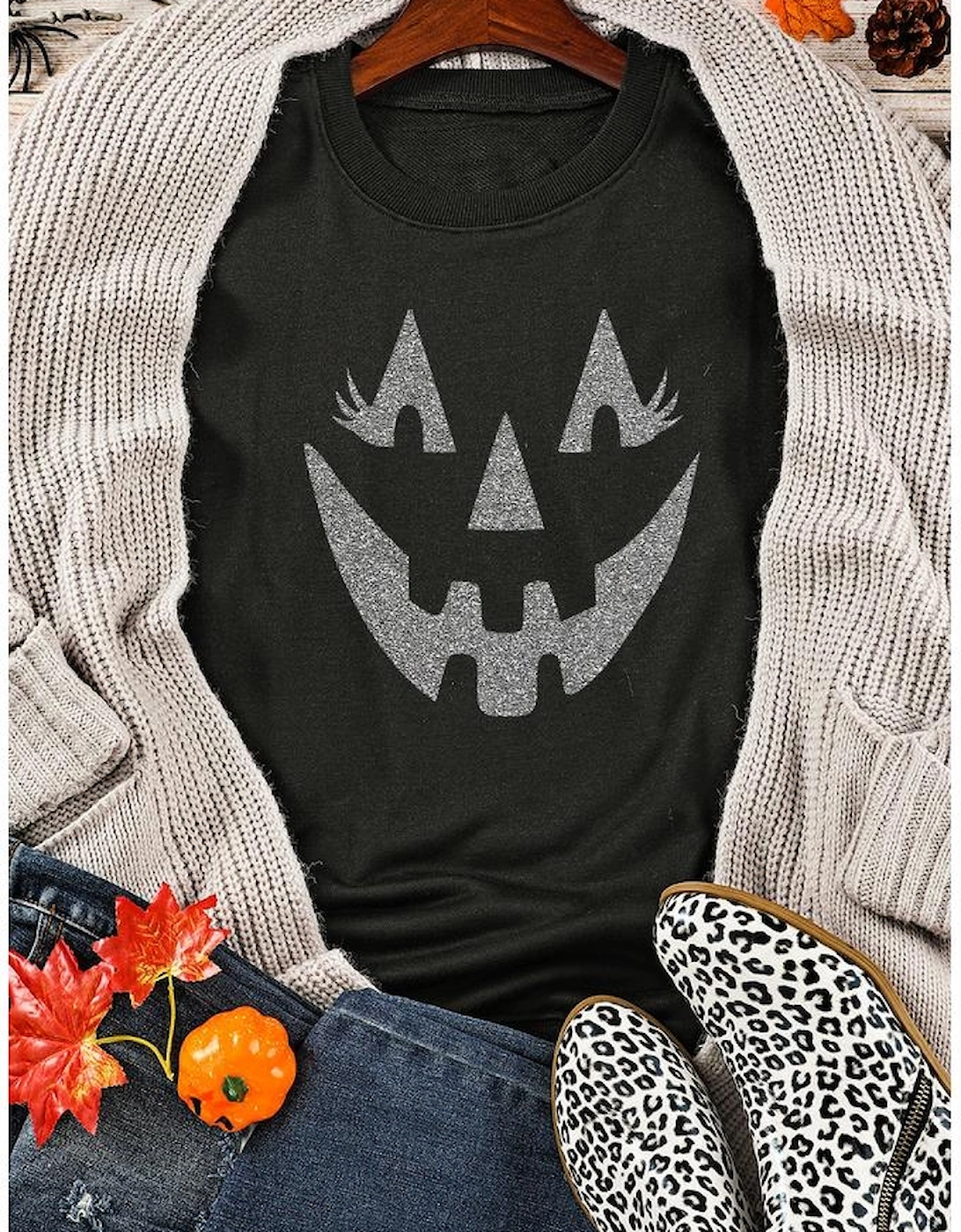 Black Spooky Face Printed Halloween Fashion Baggy Sweatshirt, 8 of 7