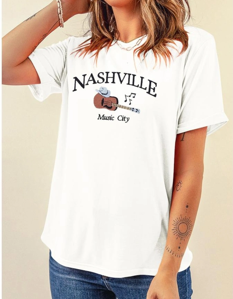 White Guitar NASHVILLE Music City Print Crewneck Tee