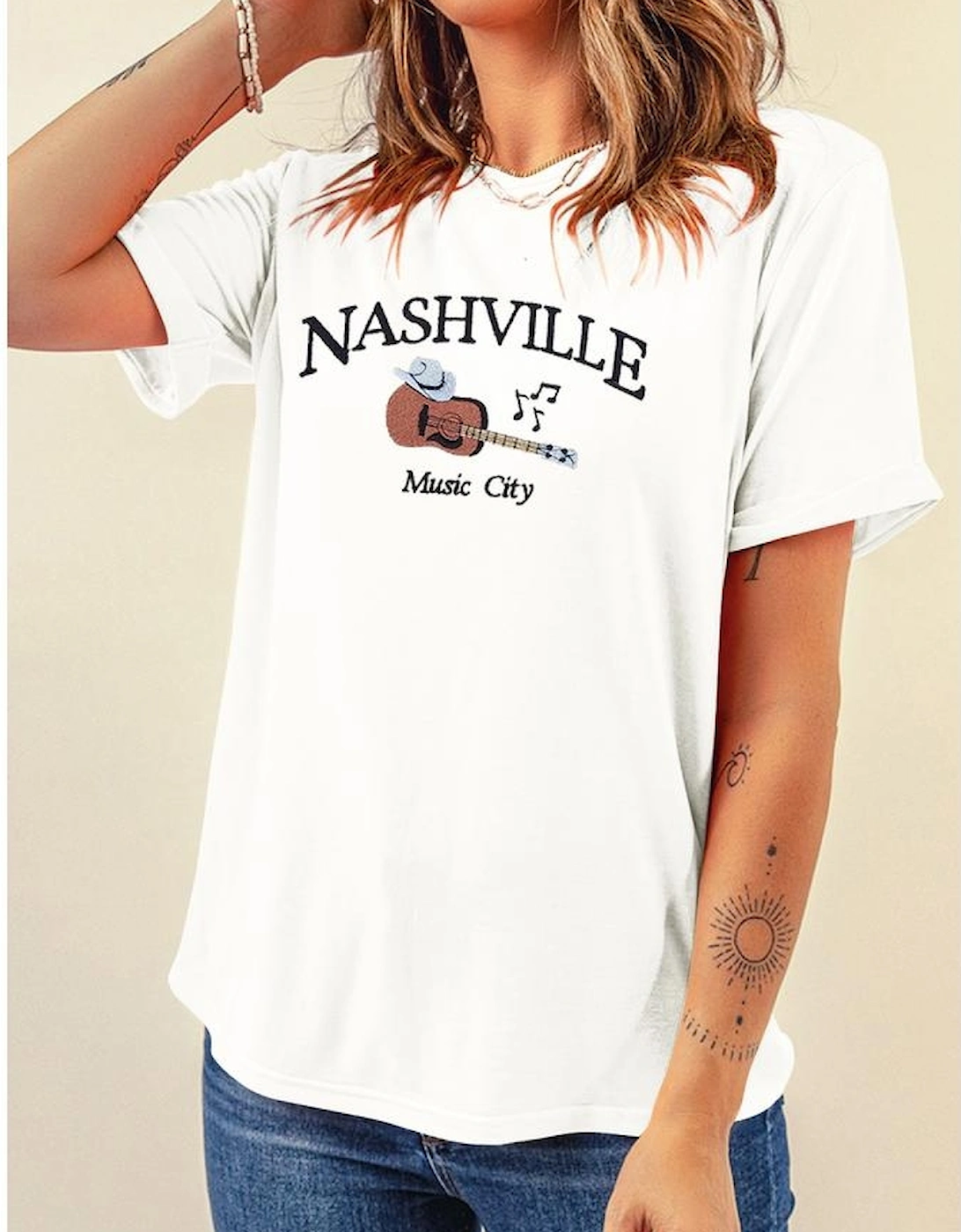 White Guitar NASHVILLE Music City Print Crewneck Tee
