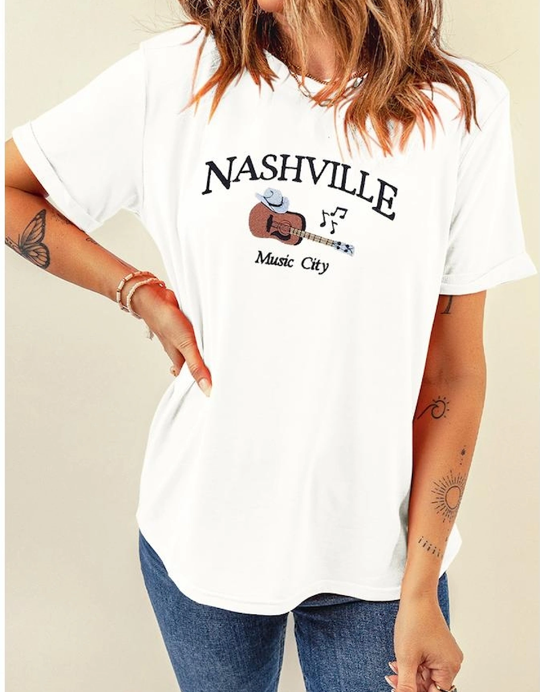 White Guitar NASHVILLE Music City Print Crewneck Tee