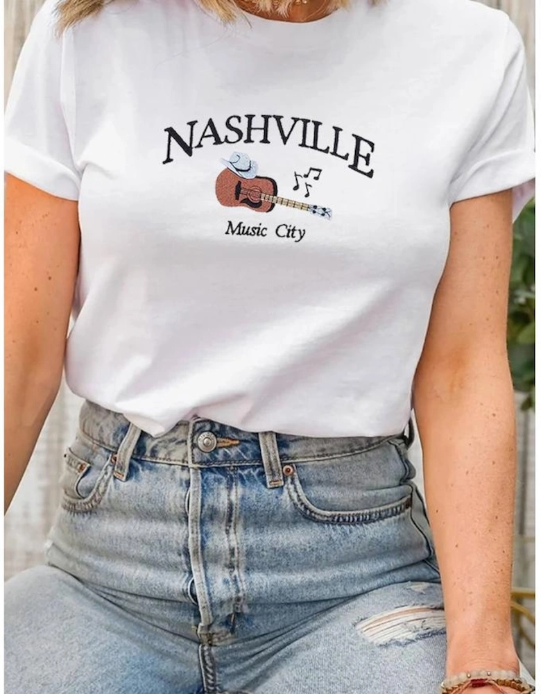 White Guitar NASHVILLE Music City Print Crewneck Tee