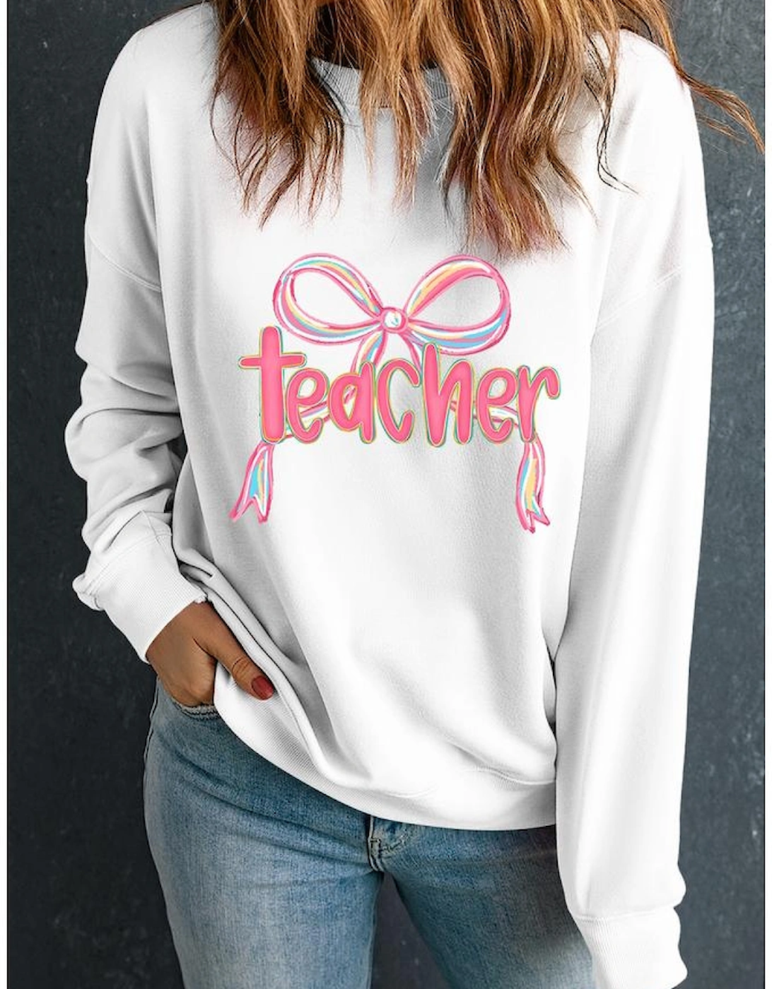 White Teacher Bow PNG Graphic Pullover Sweatshirt