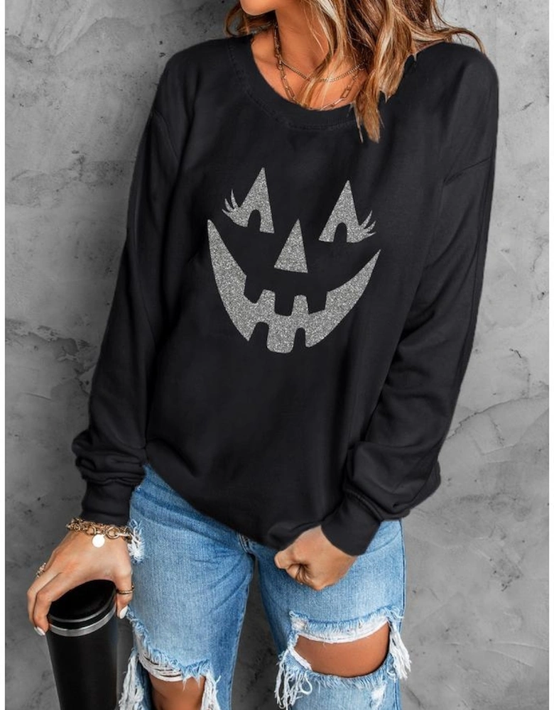 Black Spooky Face Printed Halloween Fashion Baggy Sweatshirt