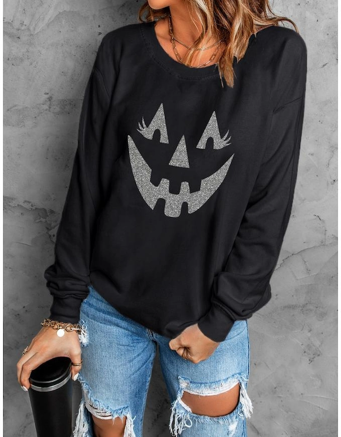 Black Spooky Face Printed Halloween Fashion Baggy Sweatshirt