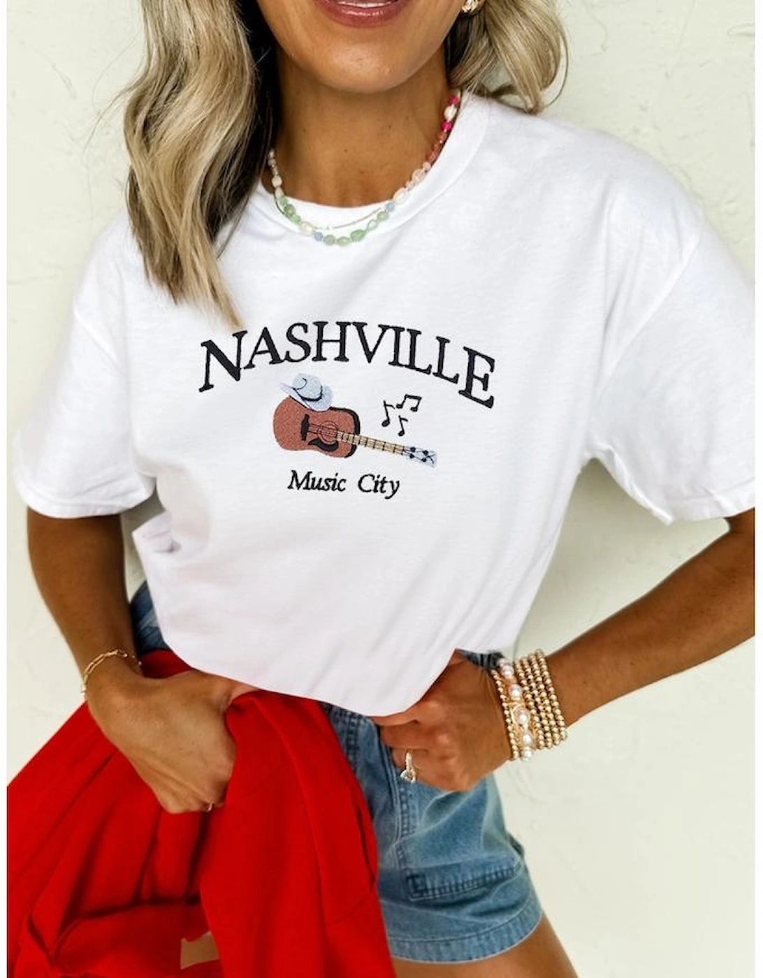 White Guitar NASHVILLE Music City Print Crewneck Tee