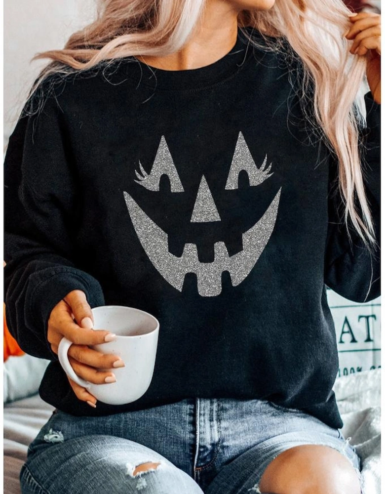 Black Spooky Face Printed Halloween Fashion Baggy Sweatshirt