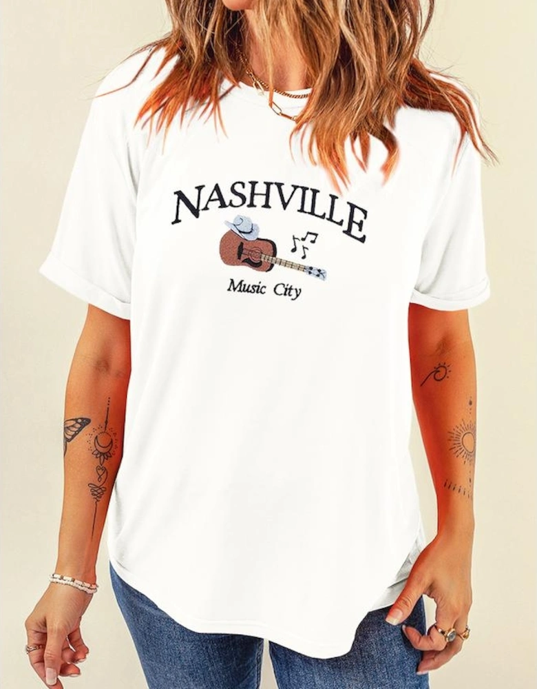 White Guitar NASHVILLE Music City Print Crewneck Tee