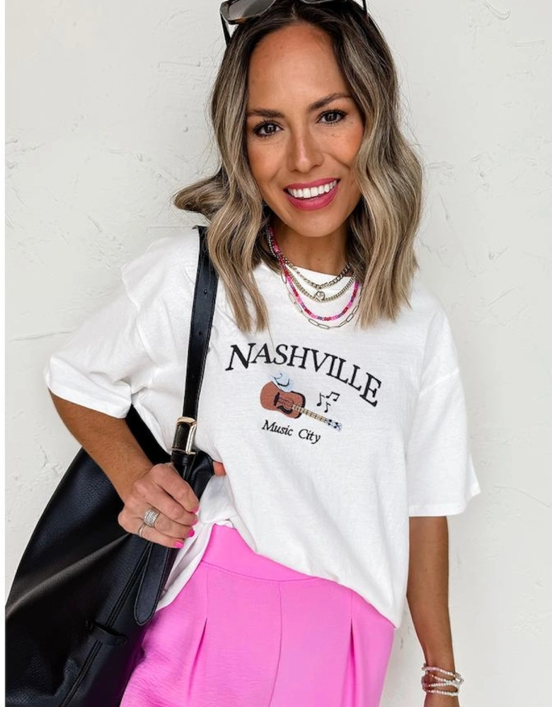 White Guitar NASHVILLE Music City Print Crewneck Tee