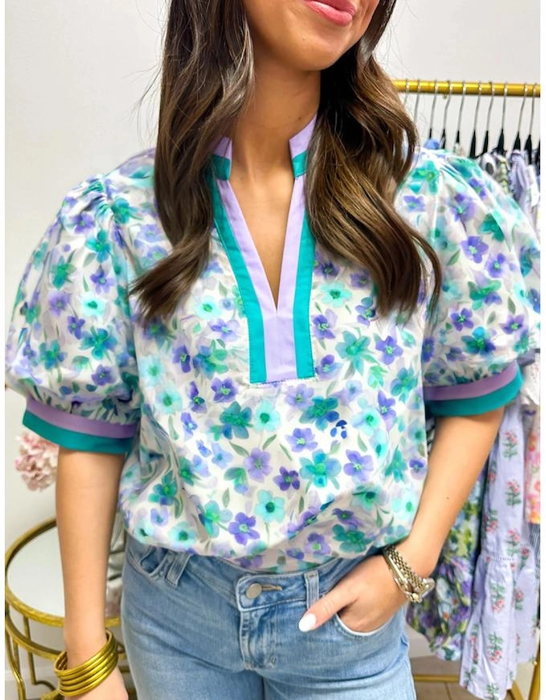 Green Floral Print Striped Trim Split V Neck Puff Short Sleeve Blouse