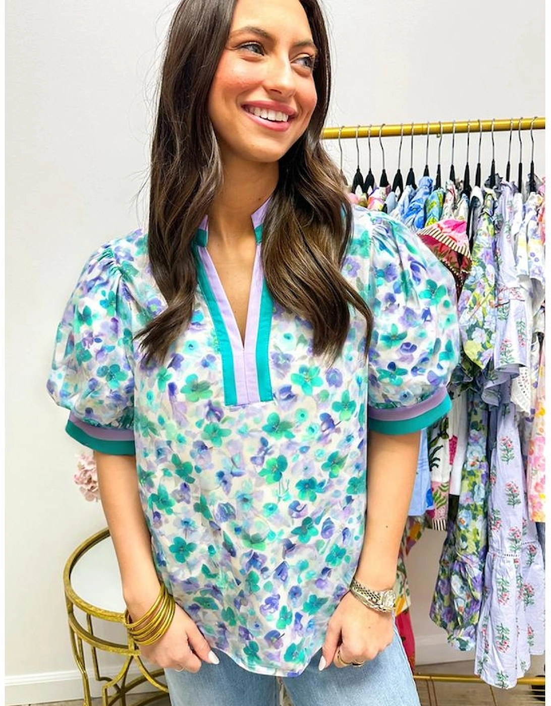 Green Floral Print Striped Trim Split V Neck Puff Short Sleeve Blouse