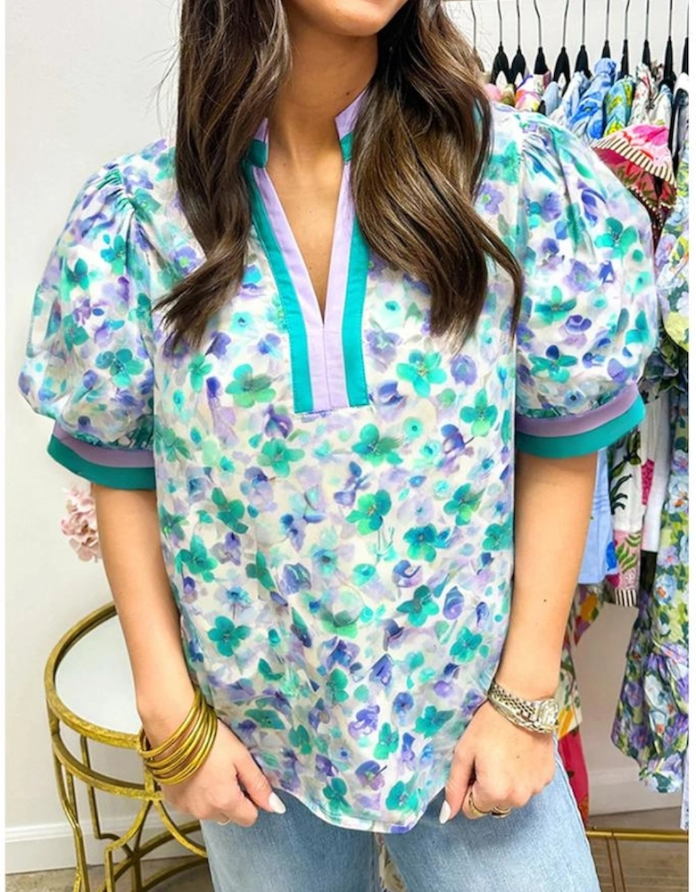 Green Floral Print Striped Trim Split V Neck Puff Short Sleeve Blouse