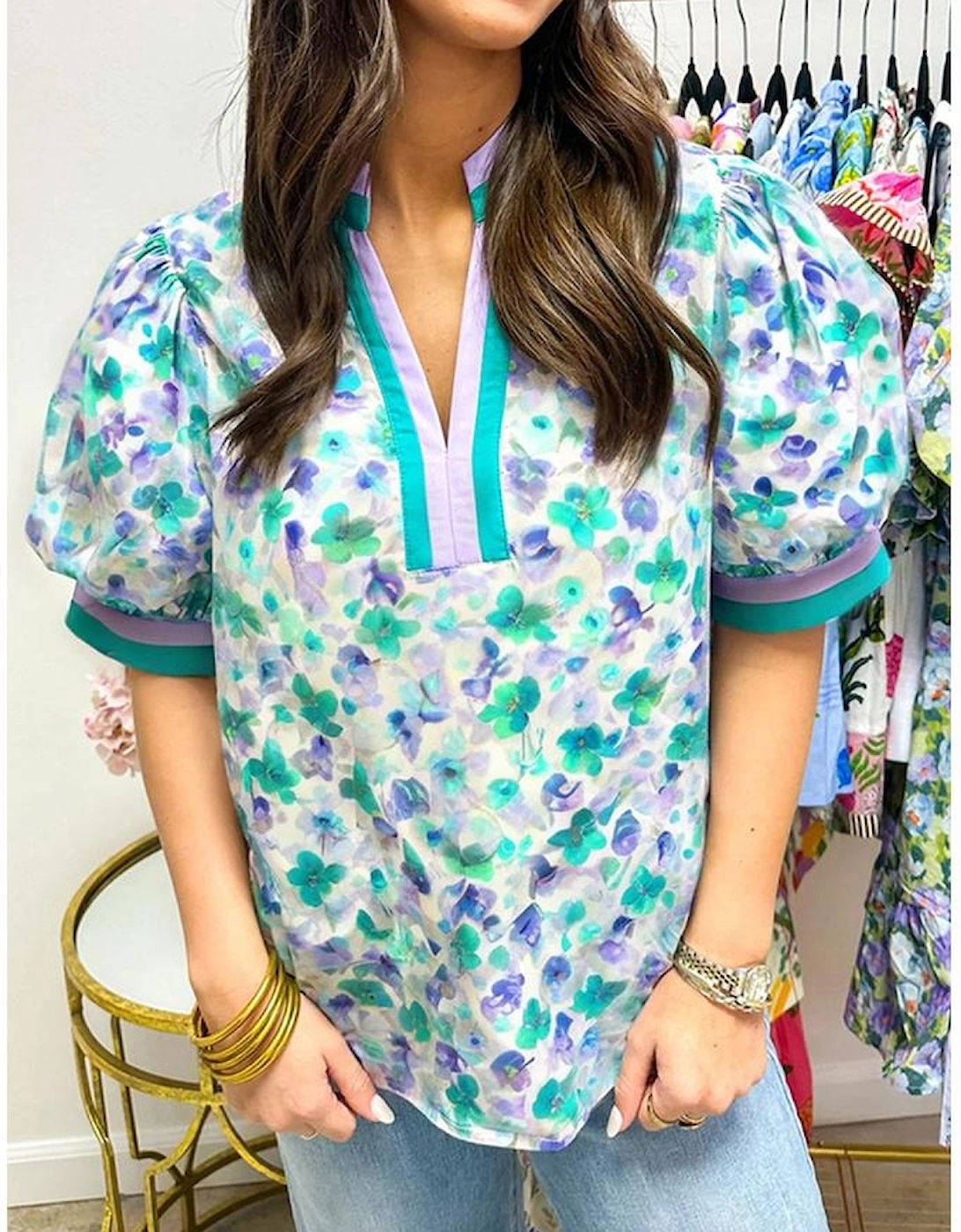 Green Floral Print Striped Trim Split V Neck Puff Short Sleeve Blouse