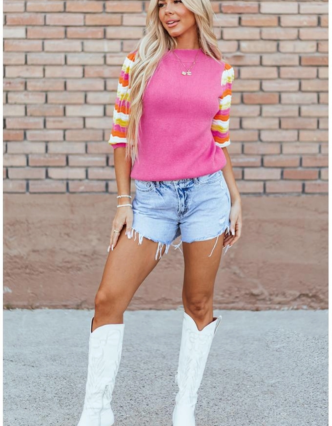 Pink Ribbed Knit Contrast Sleeve Sweater Top