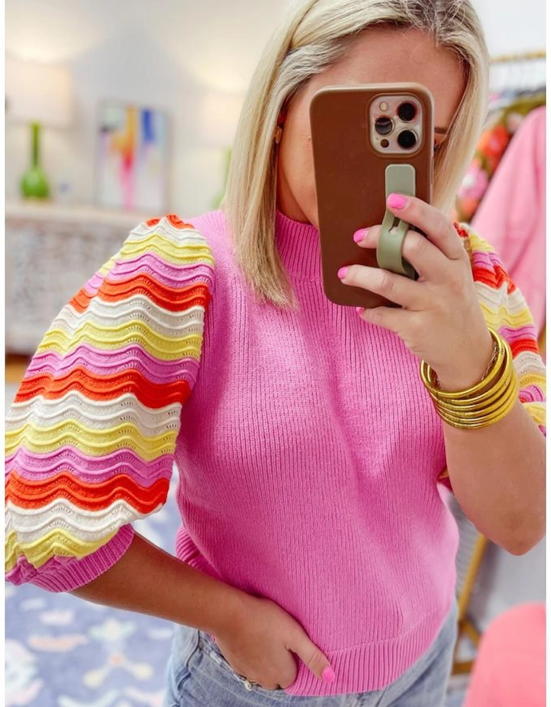 Pink Ribbed Knit Contrast Sleeve Sweater Top