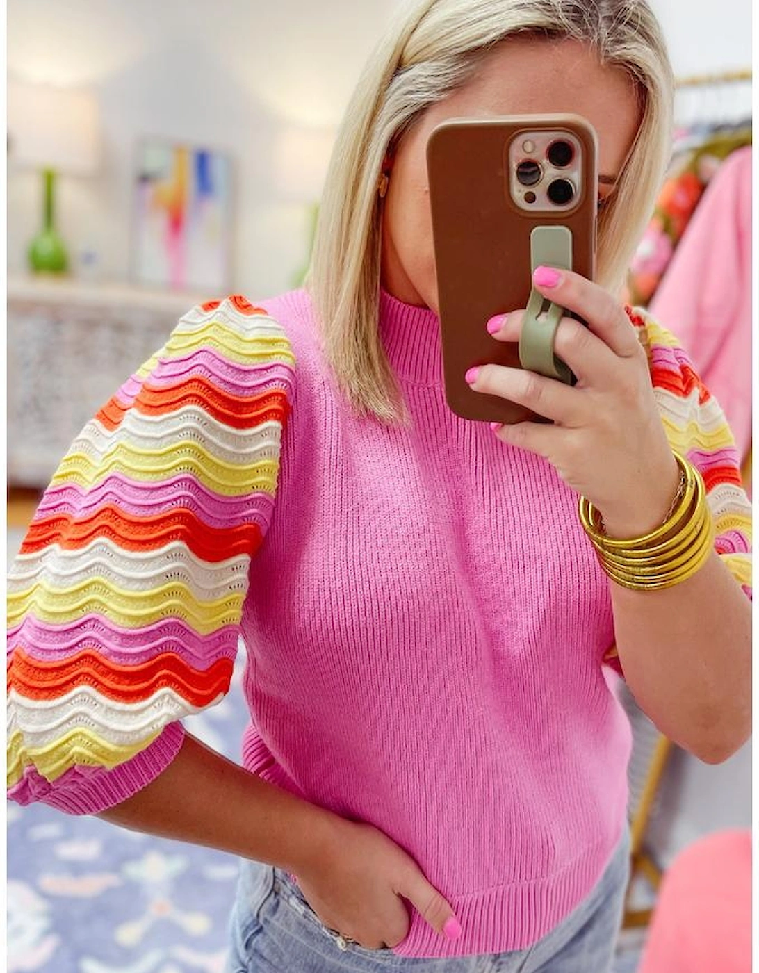 Pink Ribbed Knit Contrast Sleeve Sweater Top