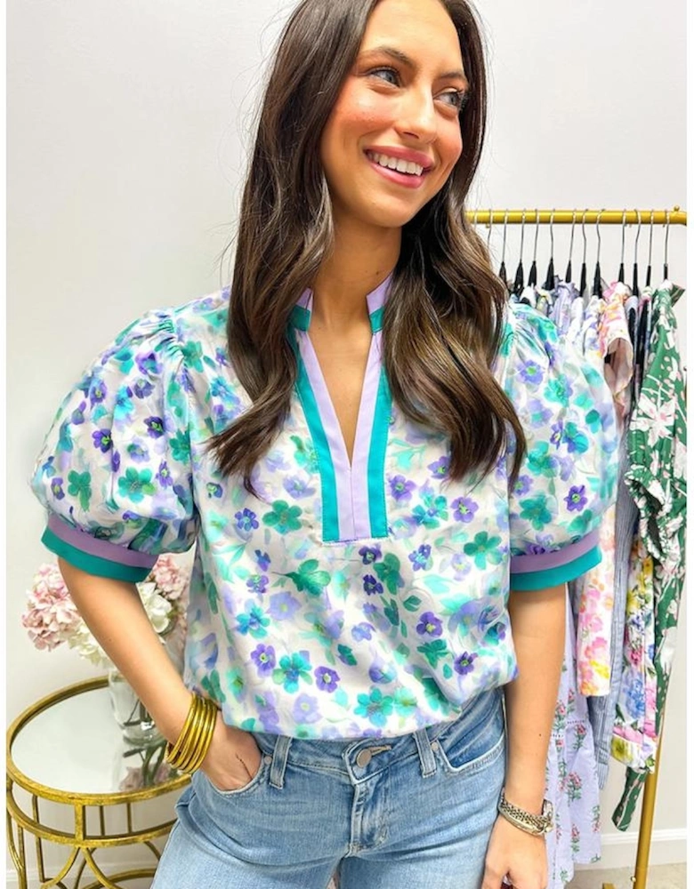 Green Floral Print Striped Trim Split V Neck Puff Short Sleeve Blouse
