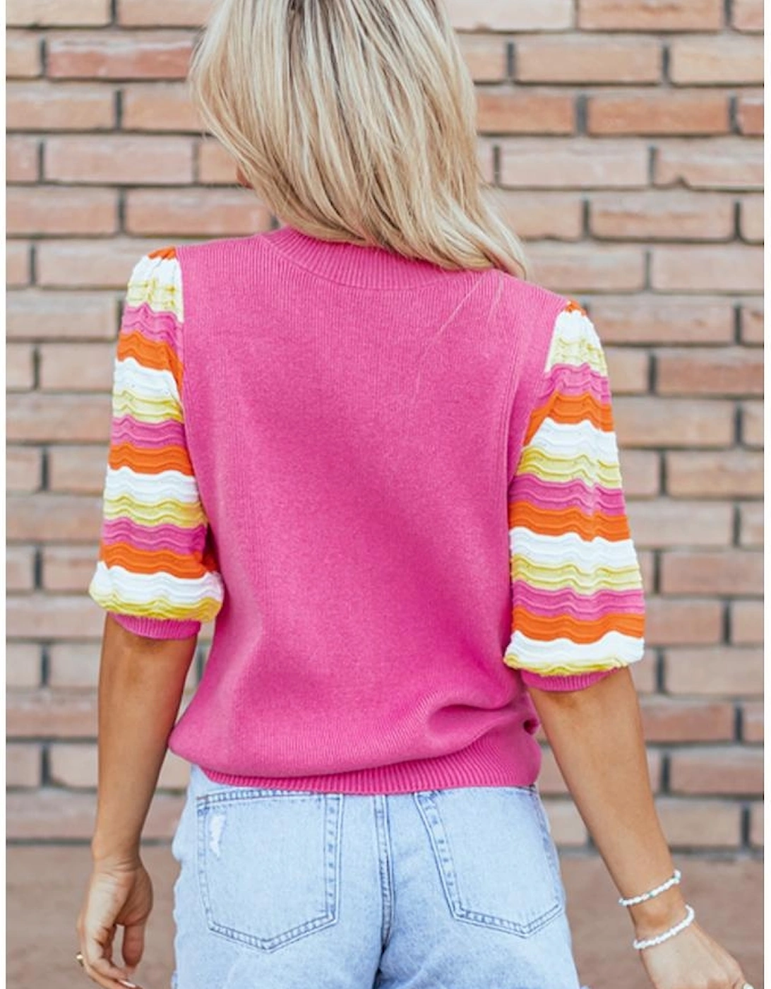 Pink Ribbed Knit Contrast Sleeve Sweater Top