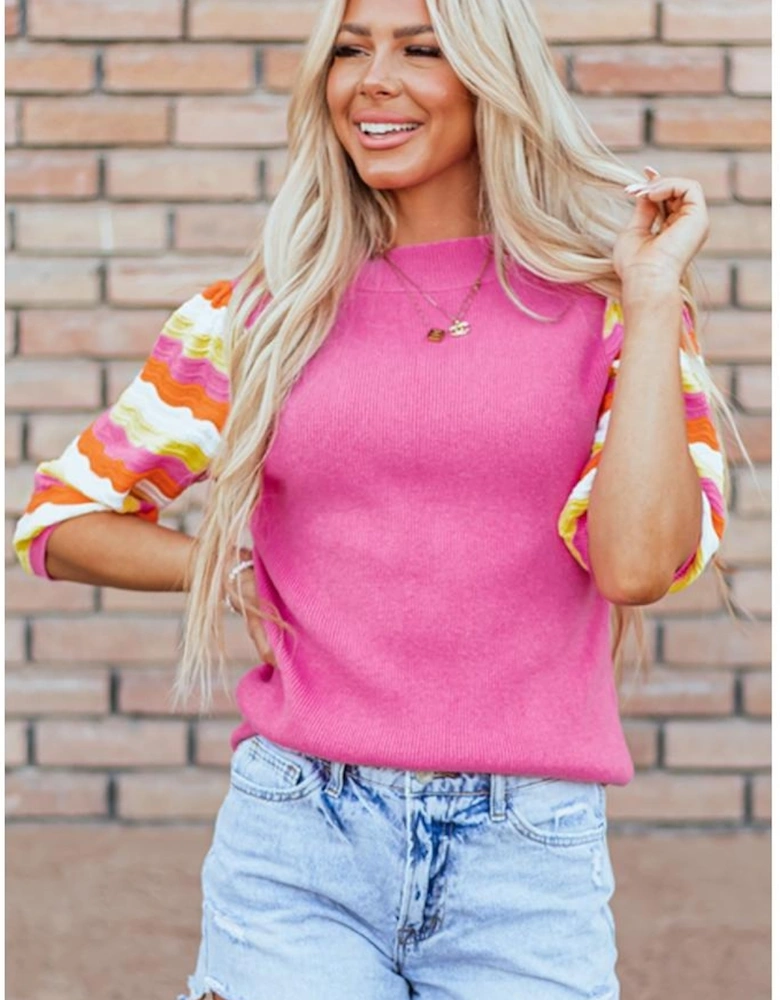 Pink Ribbed Knit Contrast Sleeve Sweater Top