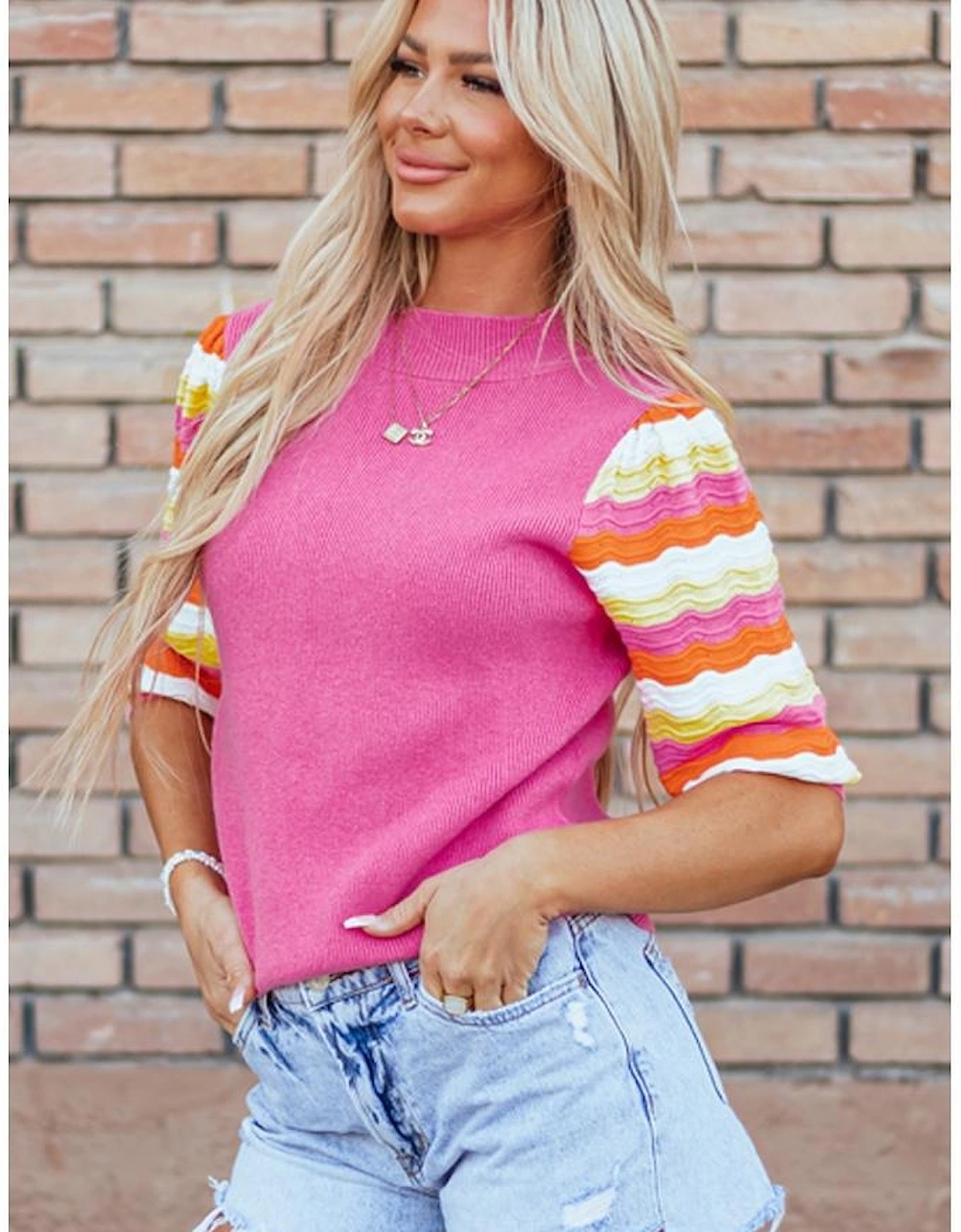 Pink Ribbed Knit Contrast Sleeve Sweater Top