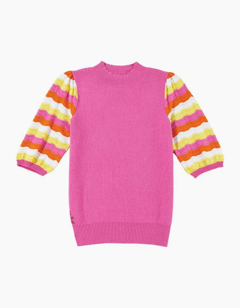Pink Ribbed Knit Contrast Sleeve Sweater Top