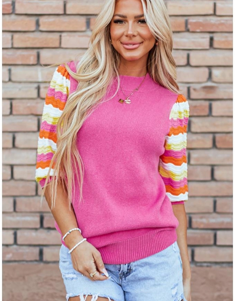 Pink Ribbed Knit Contrast Sleeve Sweater Top