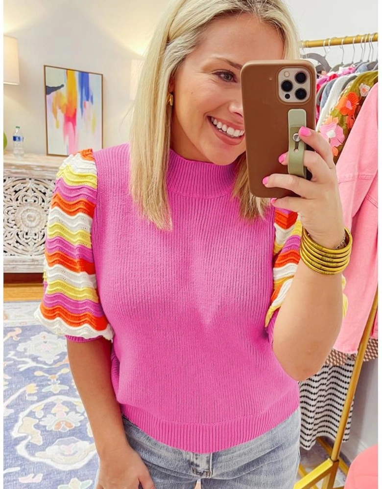 Pink Ribbed Knit Contrast Sleeve Sweater Top