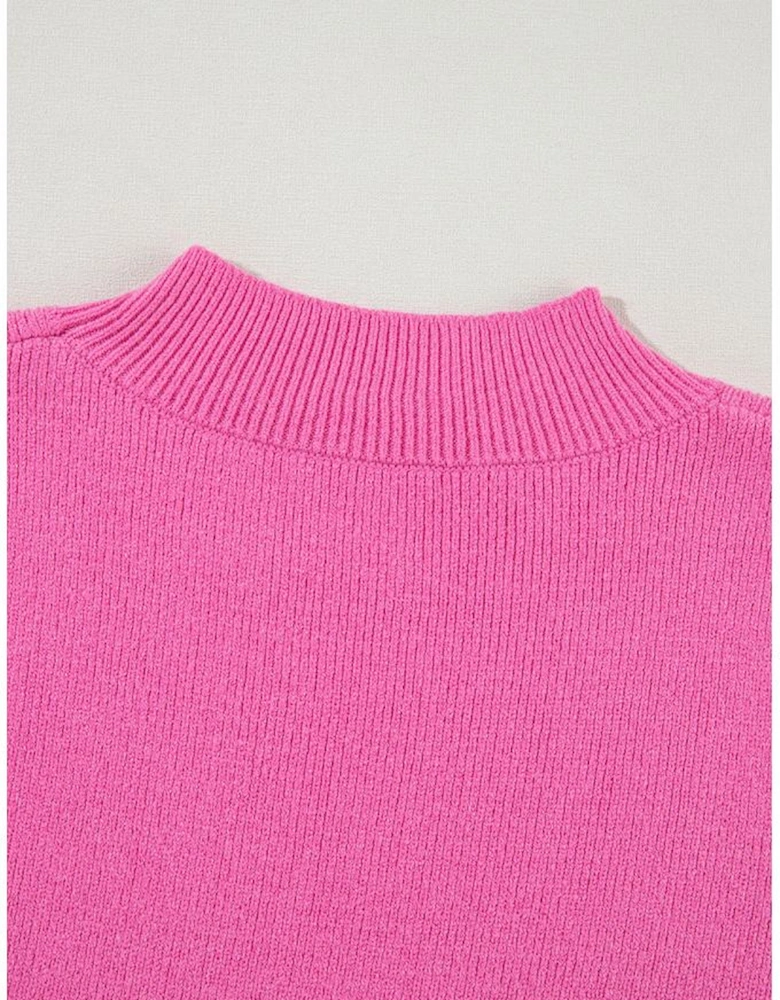 Pink Ribbed Knit Contrast Sleeve Sweater Top