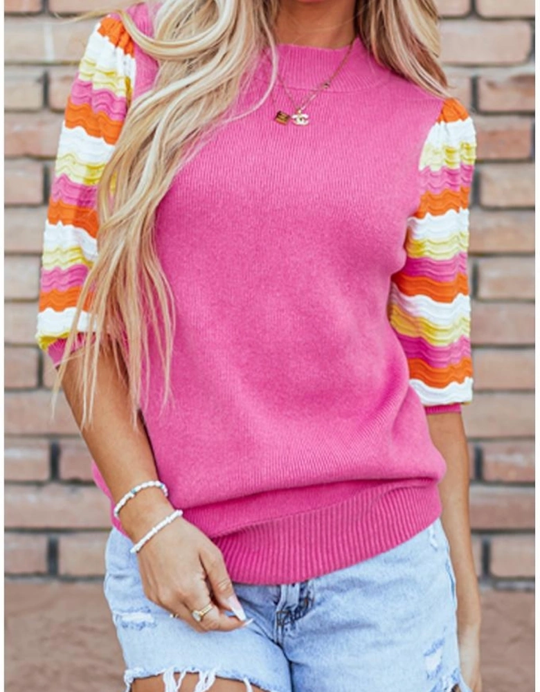 Pink Ribbed Knit Contrast Sleeve Sweater Top