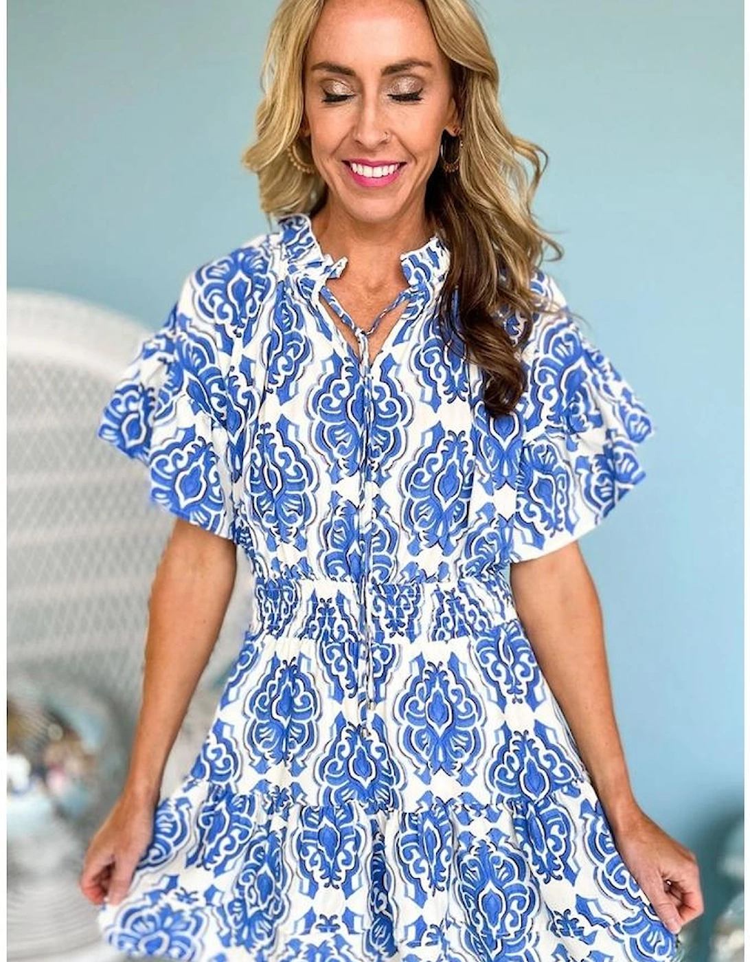 Ashleigh Blue Vintage Floral Print Wide Ruffled Sleeve Dress, 10 of 9