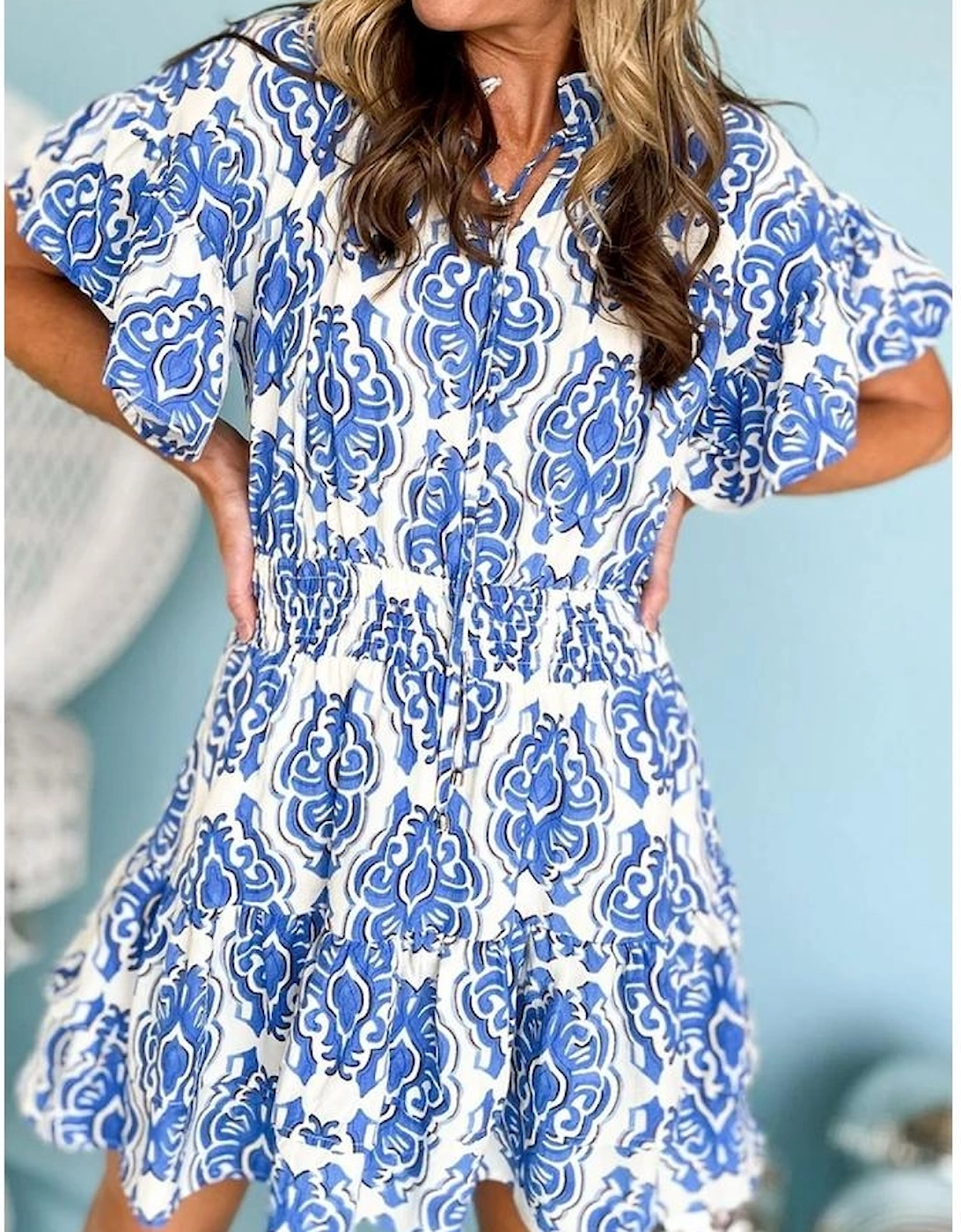 Ashleigh Blue Vintage Floral Print Wide Ruffled Sleeve Dress