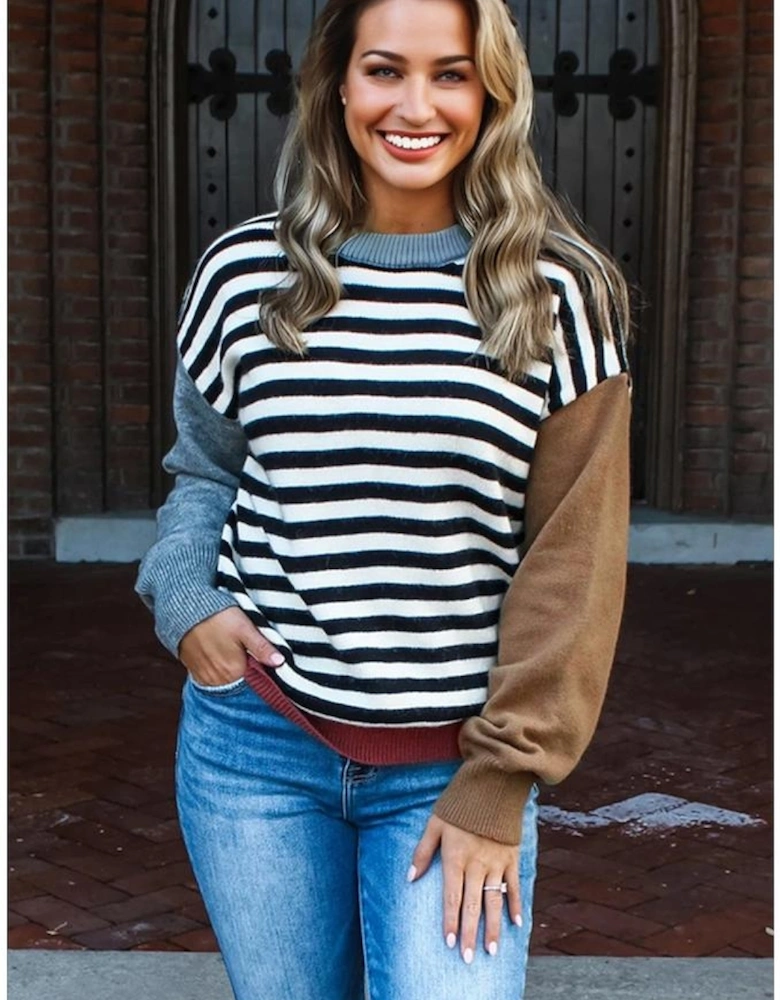 Color black Striped Panels Colorblock Sleeve Chic Sweater