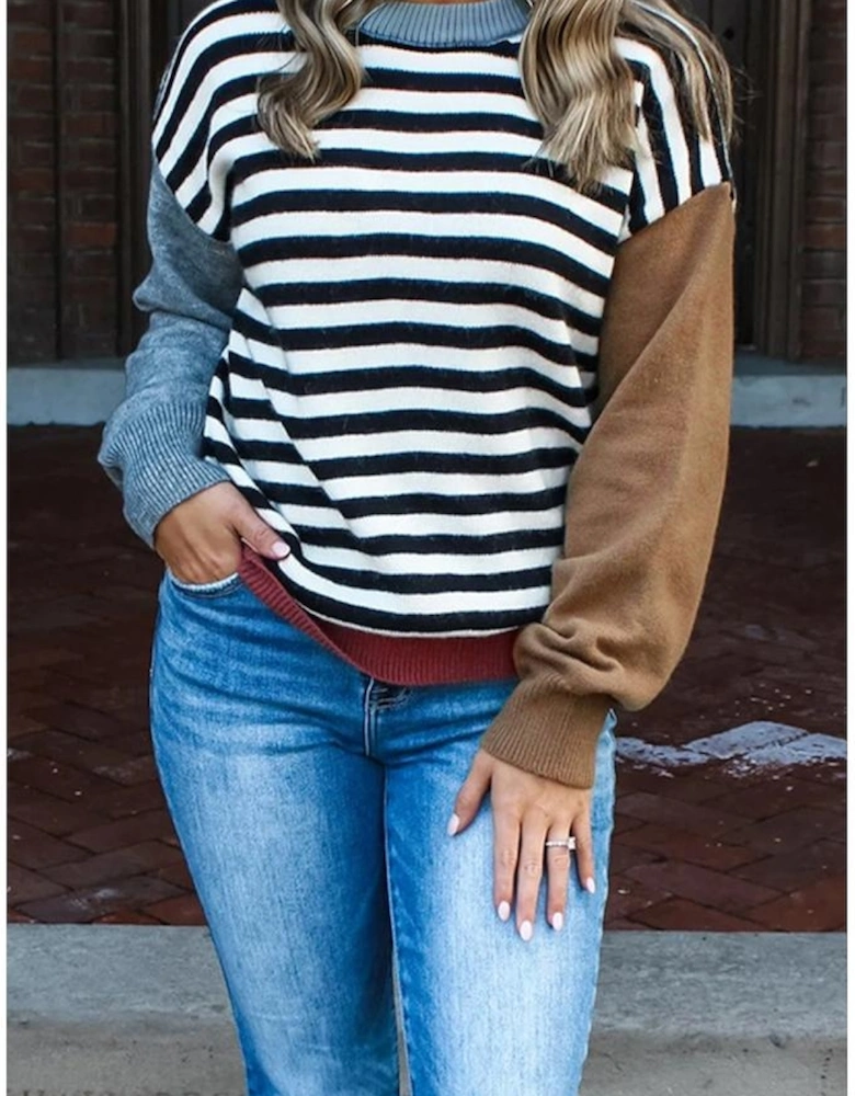 Color black Striped Panels Colorblock Sleeve Chic Sweater