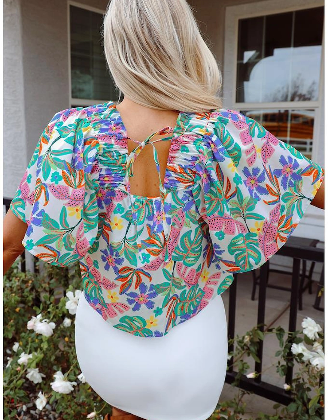 Green Plant Print Loose Fit Puff Sleeve Square Neck Blouse, 16 of 15